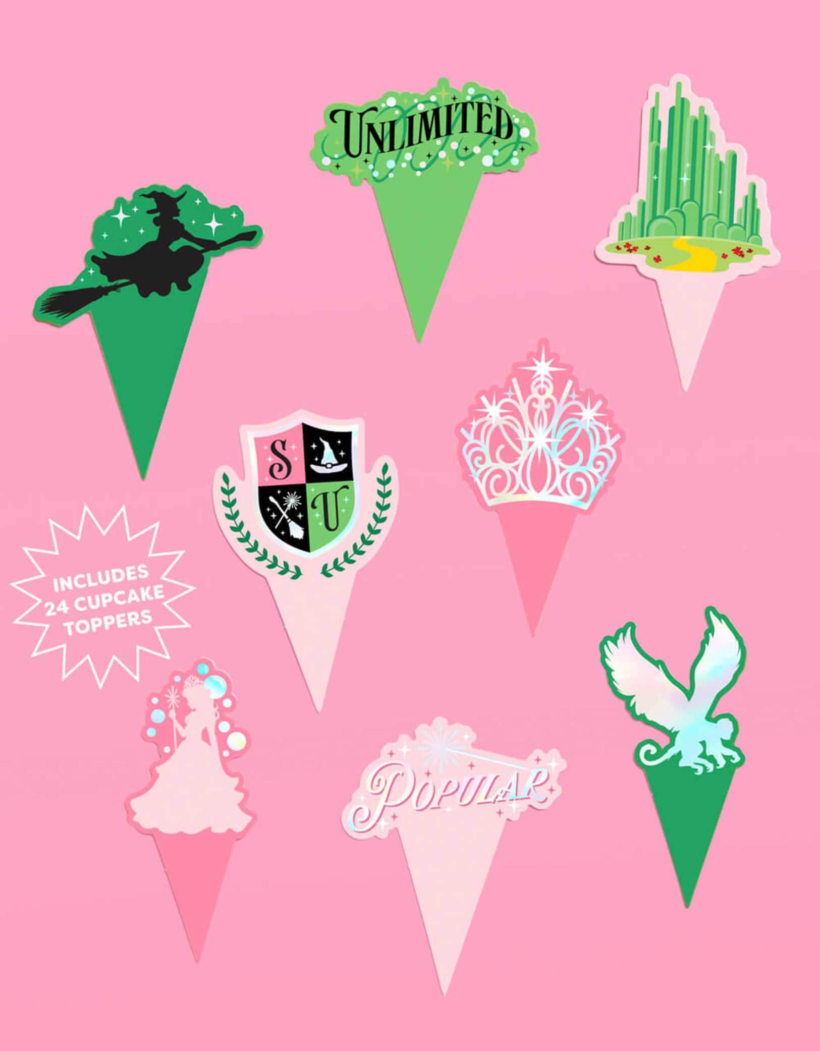 Momo Party's Wicked cupcake toppers in green and pink featuring Wicked inspired designs including witches, crowns, Emerald City, Glinda and more on a pink background.