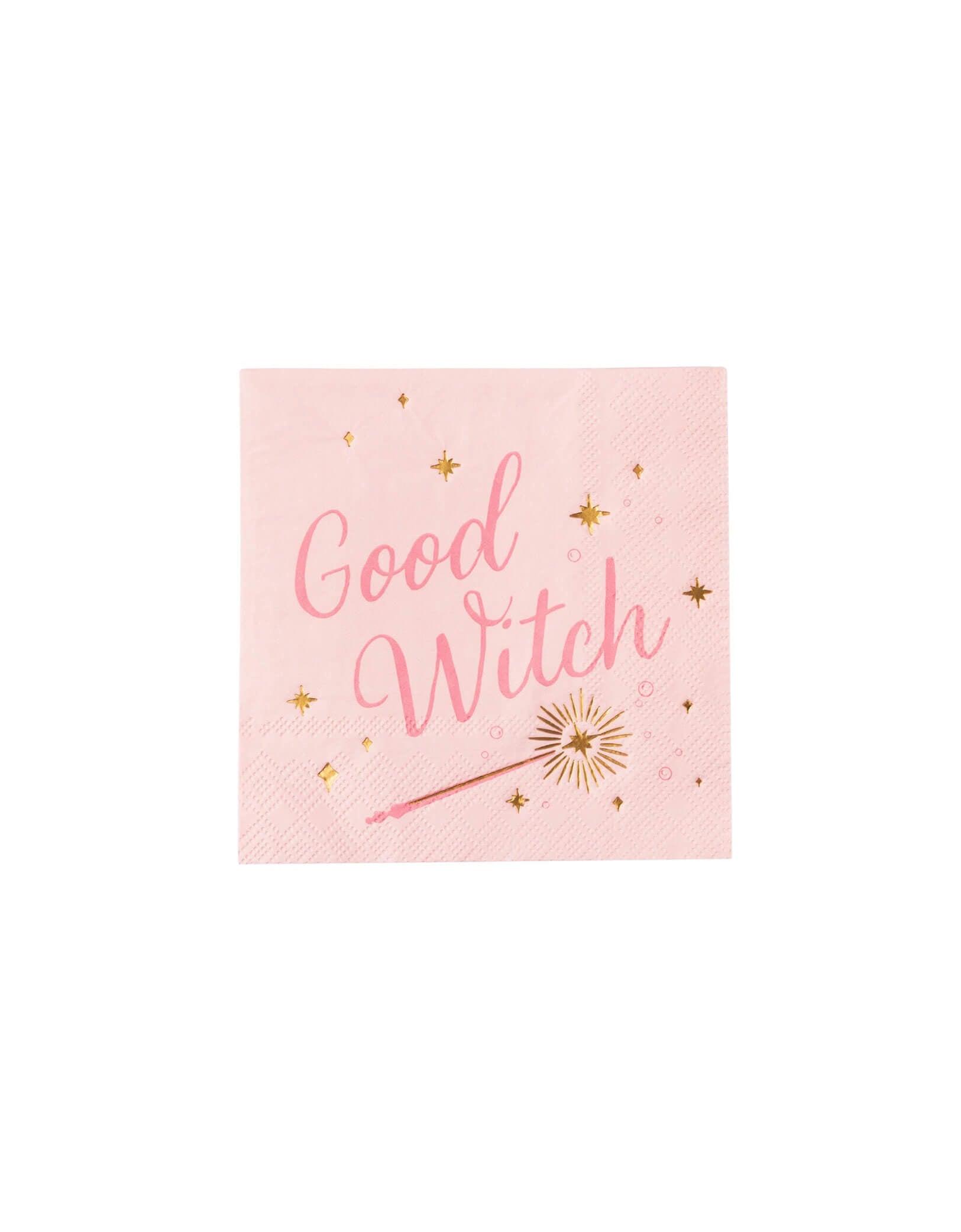 Momo Party's 5" Wicked Good Witch pink small napkins with 'Wicked Witch' text and a pink magic wand illustration with gold foil accents on a white background.