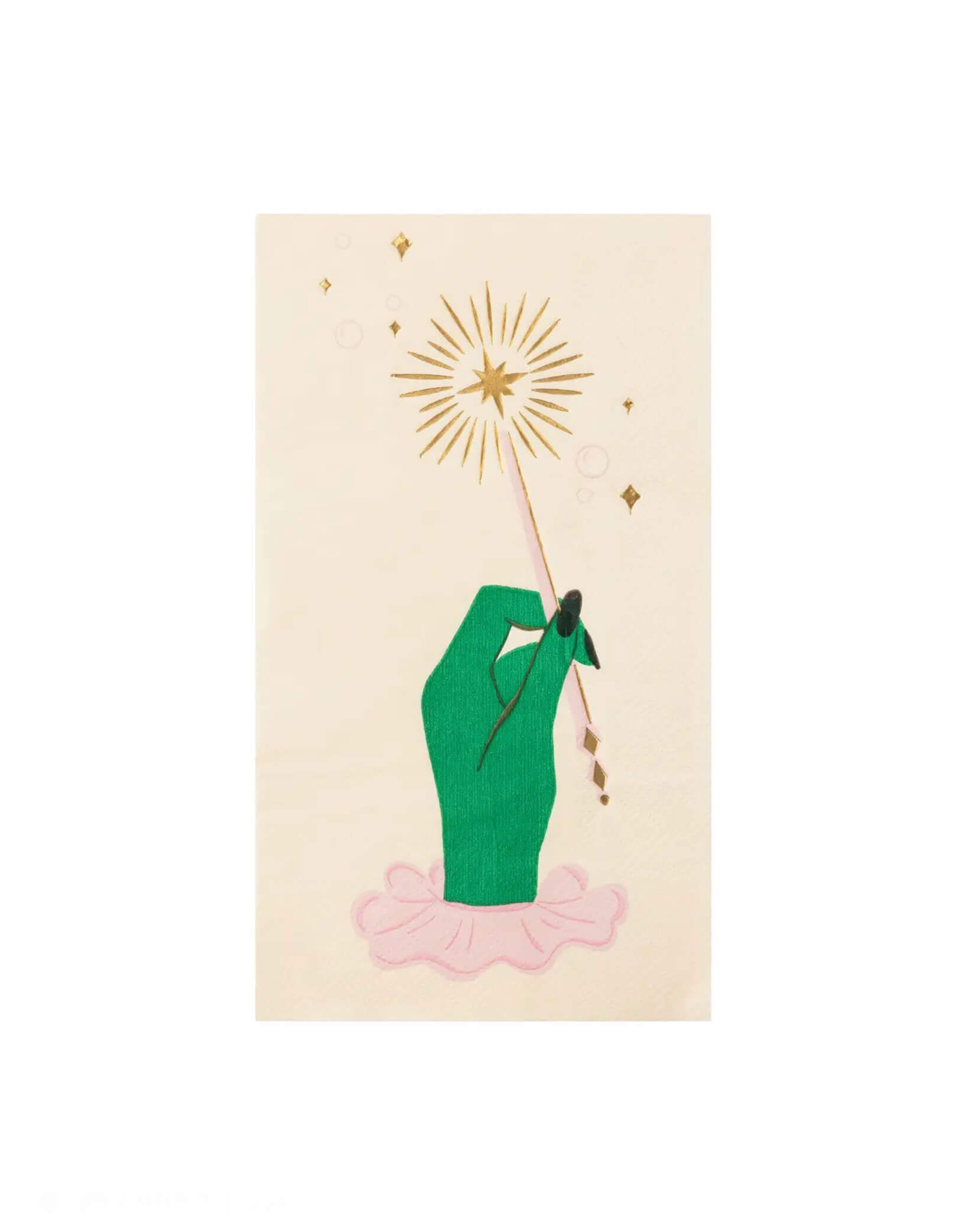 Momo Party's 4.25" x 7.75" Wicked themed Magic Wand Guest Napkins with a Wicked witch green hand holding a magic wand with gold foil accent by Bonjour Fete on a white background.