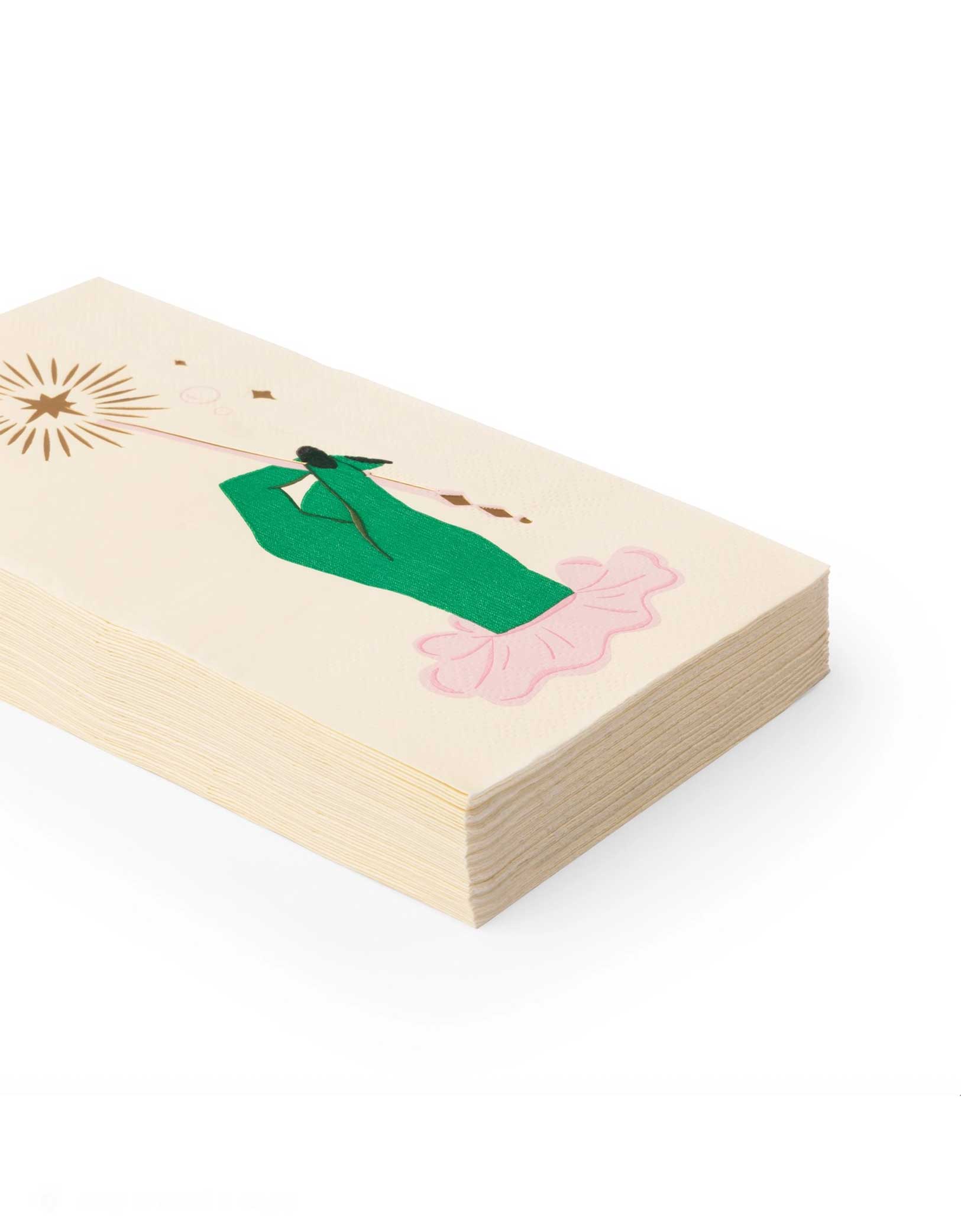 A stack of Momo Party's 4.25" x 7.75" Wicked themed Magic Wand Guest Napkins with a Wicked witch green hand holding a magic wand with gold foil accent by Bonjour Fete on a white background.