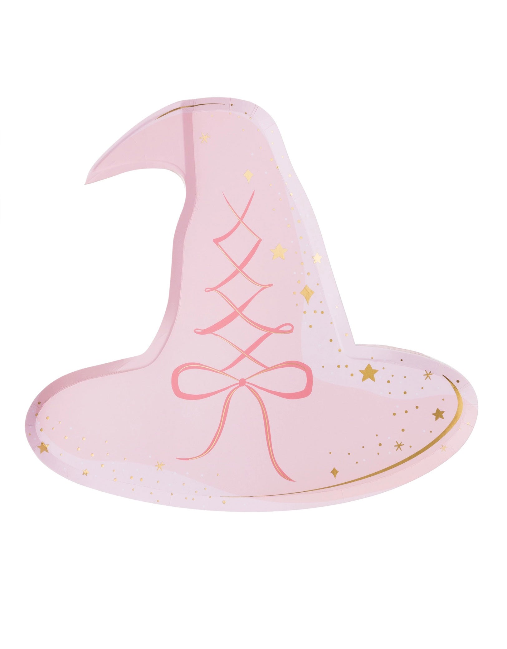 Momo Party's 12.5" x 11.5" pink witch hat shaped plate by Bonjour Fete. Comes in a set of 8 paper plates, their bright pink hue adds a fun and unexpected twist to classic spooky decorations, making your table stand out with festive flair. Perfect for serving snacks or treats, these plates add a delightful touch of magic and excitement, guaranteeing your Halloween celebration or a Wicked themed party is both charming and unforgettable.