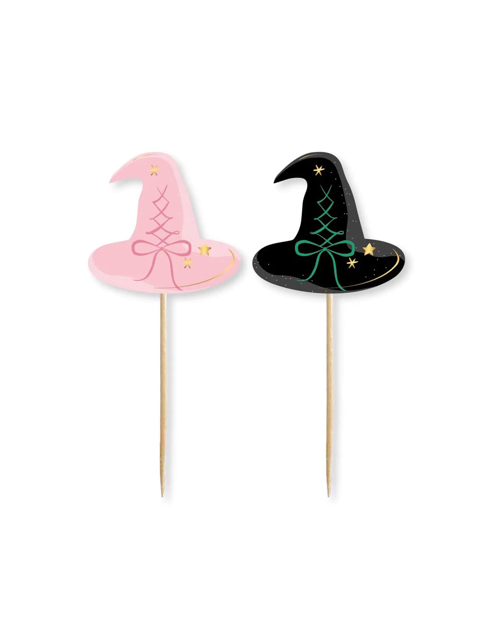 Two witch hat cupcake toppers on sticks, one pink and one black with green accents from Momo Party, on a white background. These toppers are perfect for a Wicked themed party.