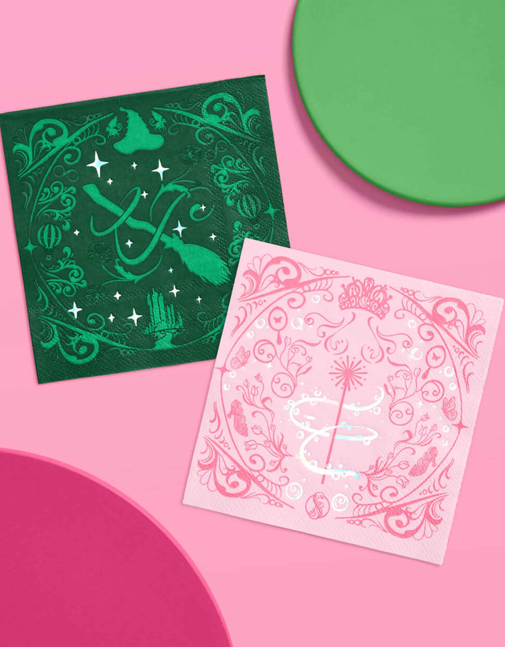 Momo Party's 5" Wicked Party paper napkins by Xo Fetti in pink and green designs on a two-tone background. 