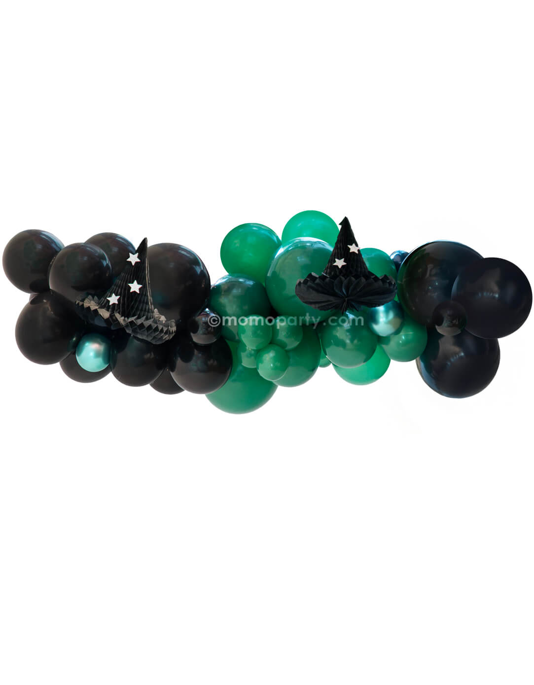 Momo Party Wicked Witch Balloon Cloud Kit for Wicked themed Party. This balloon Garland assorted 16", 11” & 5” Wicked Elphaba inspired Wicked witch themed latex balloons in green, chrome green and black and Hanging Honeycomb Witch Decoration Set.