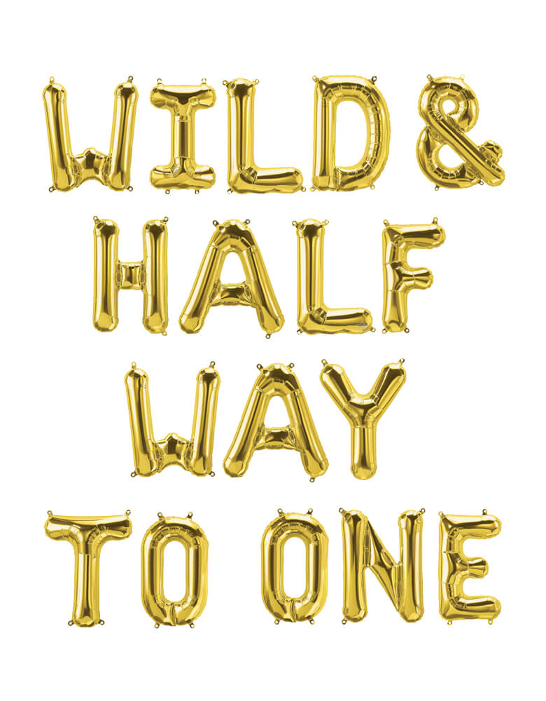 Momo Party's Wild & Half Way To One Mylar Balloon Set by Northstar Letter Balloons. Celebrate your baby's 6 months birthday with this "Wild & Half Way To One" letter gold mylar balloon set.. Perfect for a safari, jungle, or woodland theme party. Each letter balloon in 16 inches, includes mini straw for easy air-filled inflation. Comes with one twine for easy stringing and hanging