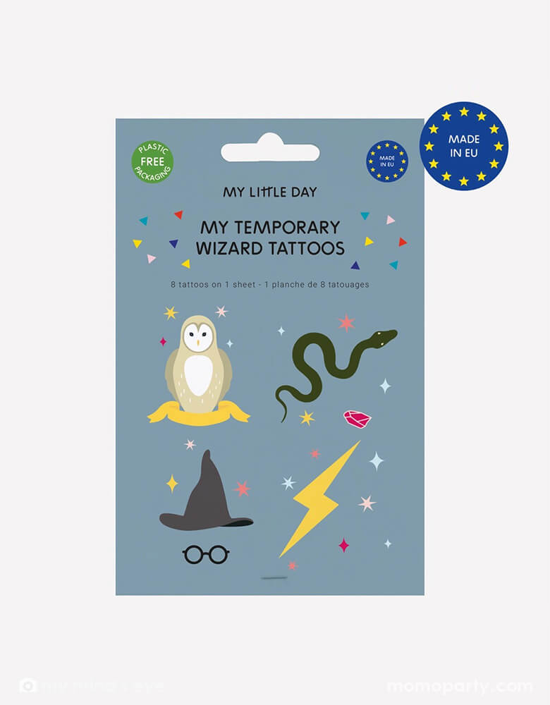 Momo Party's Wizard Temporary Tattoos. Comes in a set of 8 tattoos, featuring wizard elements like snakes, lightning bolt, wizard hats, and owls, these tattoos make great party activity or goodie bag fillers for your kid's Harry Potter themed birthday party or Halloween bash.