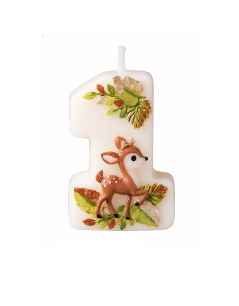 An adorable woodland themed kid's number one birthday candle a deer design and some greenery from Momo Party on a white background. Perfect for kid's woodland first birthday party celebration.