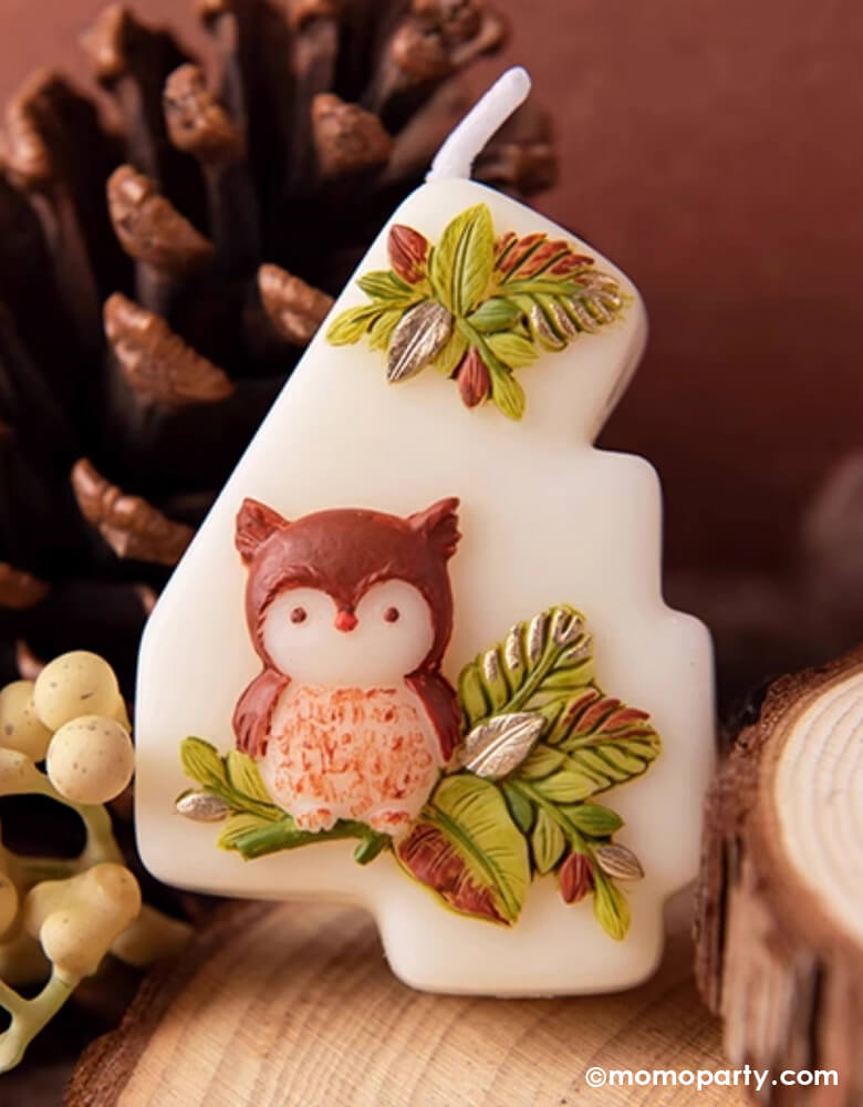An adorable woodland themed kid's number four birthday candle a cute owl design and some greenery from Momo Party in a wooden tray filled with decorative cotton and pine cones filled with autumn and fall vibes. This charming candle is perfect for kid's woodland themed second birthday party celebration.