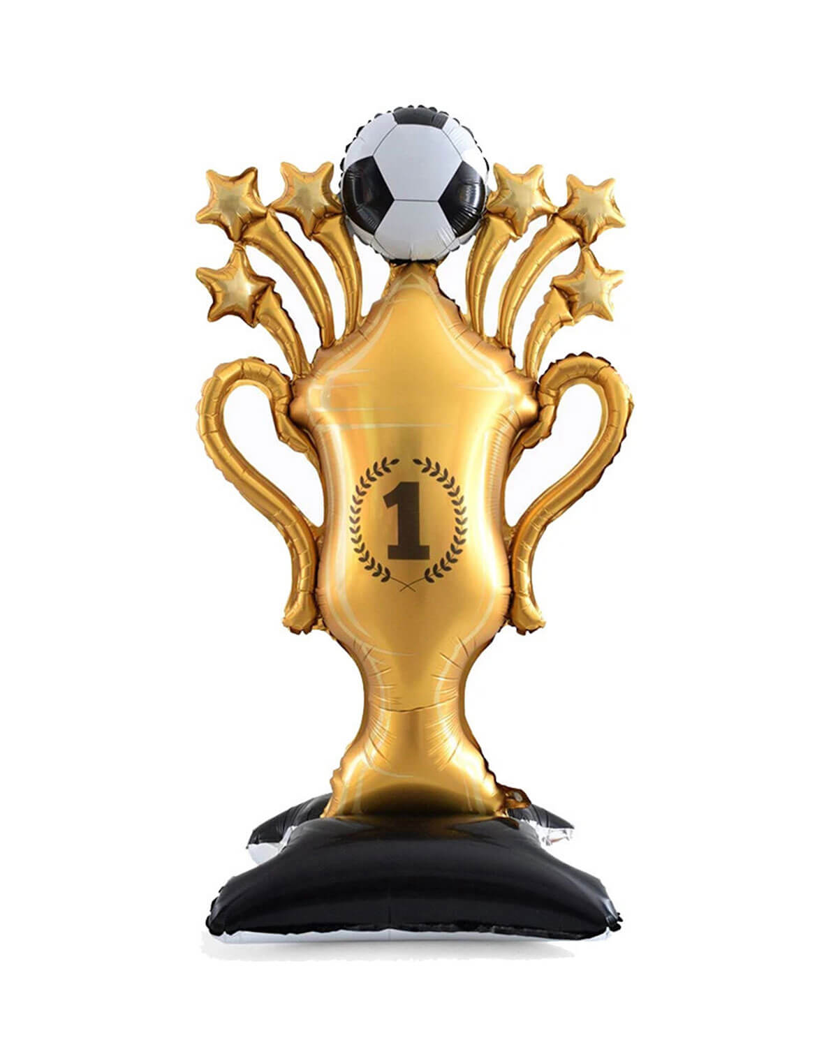 Momo Party's 59" giant gold trophy with a soccer ball and multiple stars on top against a white background, perfect for soccer birthdays, team parties, FIFA World Cup viewing parties, and end-of-season celebrations.