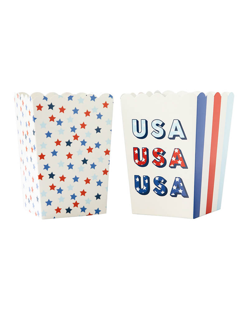 Momo Party's PLFB83 - WORN USA TREAT BOXES by My Mind's Eye. Pack of 12 treat boxes with 2 designs. With a retro look and perfect for kid's treat, these popcorn boxes are a patriotic way to show your American spirit!