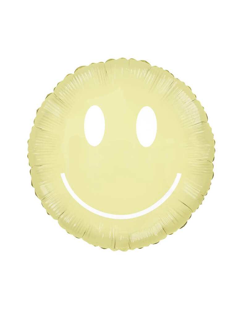 Momo Party's 30" Yellow Smiley face foil balloon by Tuftex Balloons. Perfect for a groovy vibe birthday party or a retro hippie celebration!
