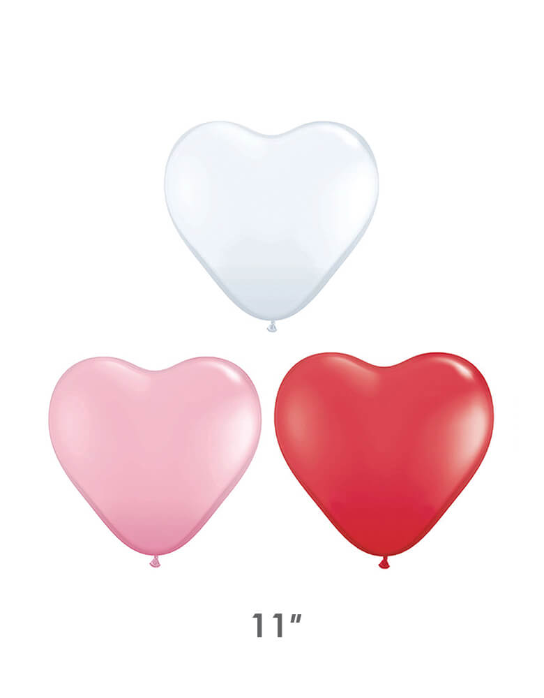 Qualatex Balloons -  Assorted 11" Heart Shaped Latex Balloon Mix. Assorted colors of white, pink and red heart shape latex balloons. So fun and cute for your Valentine's Day celebration!