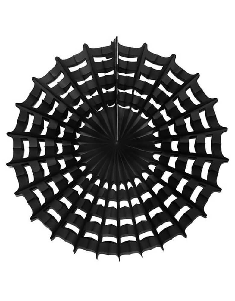 Devra Party Web Pinwheel paper fan decoration in Black, 27 inch, Made in the USA. This paper fan is made from high quality tissue paper and have a looped hanging string attached, is the perfect addition to your event decor, cake table background, or photo backdrop. Hang them from the ceiling, or attach them to your wall. With the modern unique designed web shape, perfect decoration for a Halloween party, trick-or-treat Halloween party, Witch Party, Haunted House Birthday Party