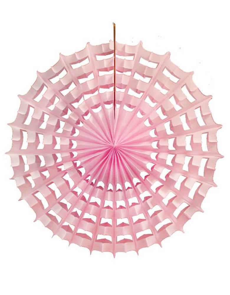 Devra Party Web Pinwheel paper fan decoration in Light Pink color, 27 inch, Made in the USA. This paper fan is made from high quality tissue paper and have a looped hanging string attached, is the perfect addition to your event decor, cake table background, or photo backdrop. Hang them from the ceiling, or attach them to your wall. With the modern unique designed web shape, perfect decoration for a Halloween party, Spooky Halloween party, hocus pocus party, trick-or-treat Halloween party, Witch Party