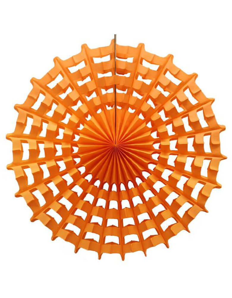 Devra Party Web Pinwheel paper fan decoration in Orange, 27 inch, Made in the USA. This paper fan is made from high quality tissue paper and have a looped hanging string attached, is the perfect addition to your event decor, cake table background, or photo backdrop. Hang them from the ceiling, or attach them to your wall. With the modern unique designed web shape, perfect decoration for a Halloween party, Spooky Halloween party, hocus pocus party, trick-or-treat Halloween party, Witch Party