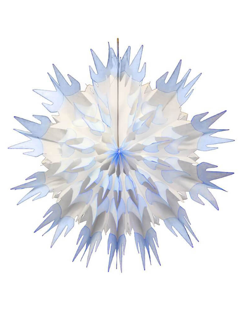 Devra Party Blue & White Tissue Paper Snowflake Decoration. 27 inch, Made in the USA. This paper fan is made from high quality tissue paper and have a looped hanging string attached, is the perfect addition to your event decor, cake table background, or photo backdrop. Hang them from the ceiling, or attach them to your wall. Decorate your Frozen or Winter Wonderland themed party with this beautiful snowflake paper decoration