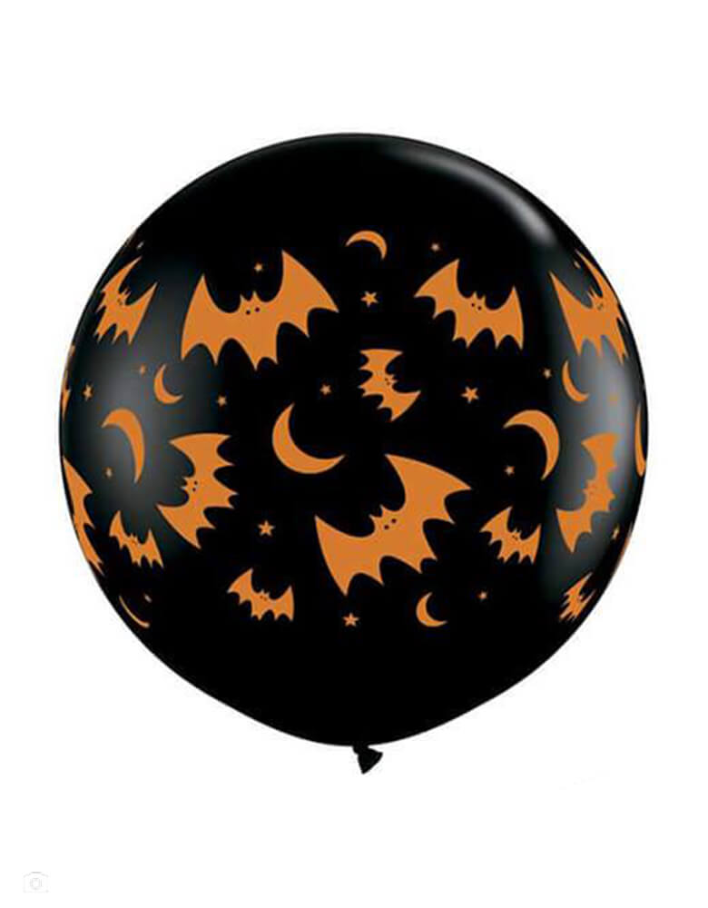 Qualatex 36 inch Halloween Flying Bats & Moons Jumbo Round Latex Balloon with Orange flying bats, moons, and starts on a black latex balloon. Adding this latex balloon along with Halloween Balloons or bring the ballon itself to with you for trick-or-treating, or decorating for your halloween party, trick-or-treat Halloween party, Witch Party, Haunted House Birthday Party