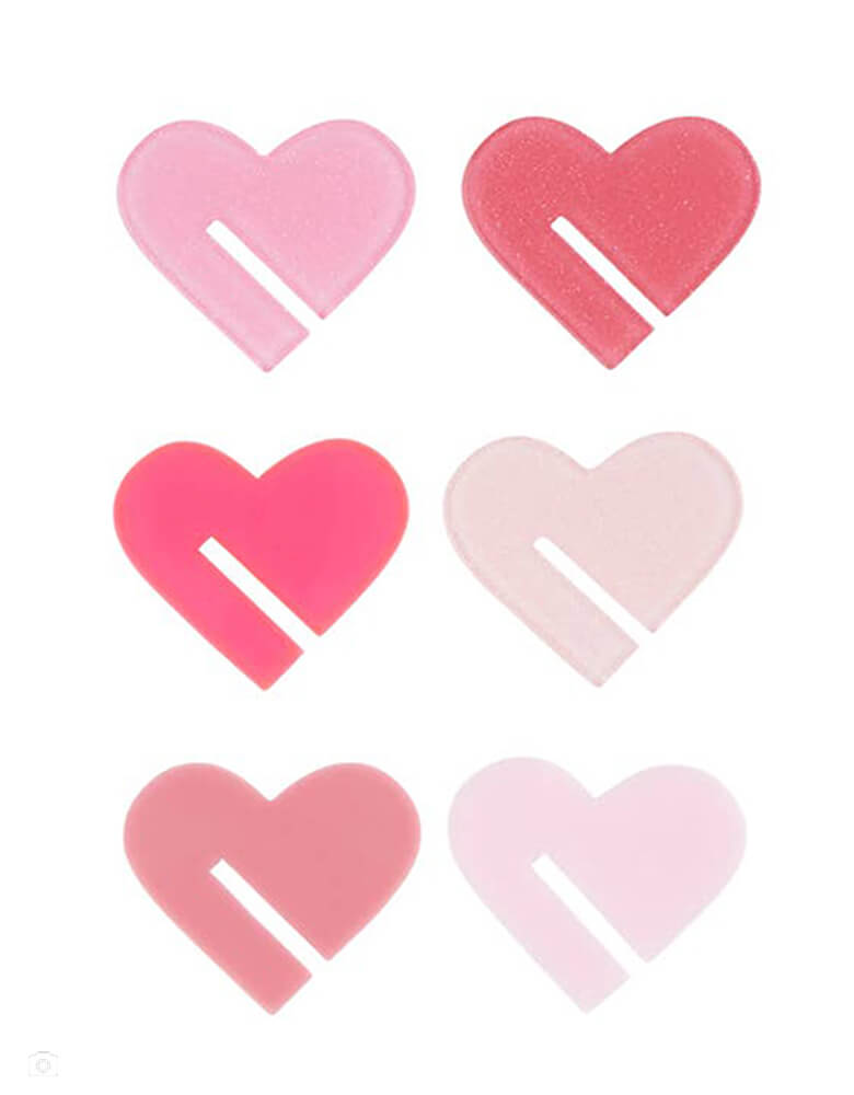 Momo Party's Acrylic Hearts Drink Markers by Santa Barbara Design Studio. Pack of 6 With pretty pink shades of pink. Mark your Valentine's drinks with this set of fun heart shaped drink marker. they're perfect for a Galentine's Day gathering with your gal pals.