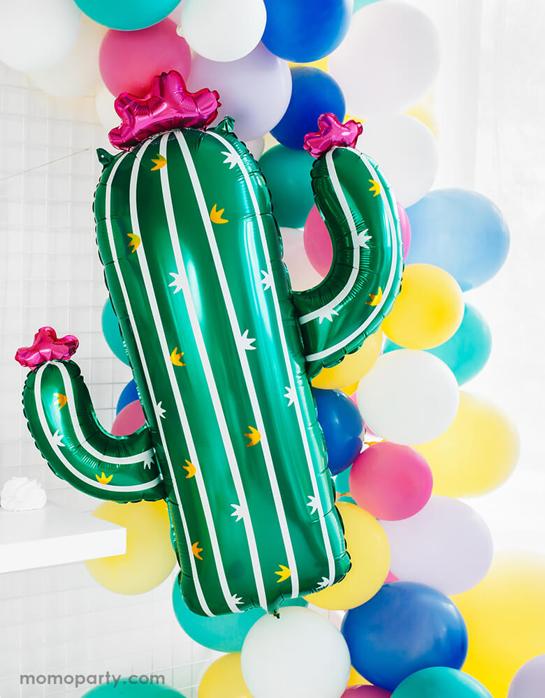 Summer party with Party Deco 32 inches Adorable-Cactus-Foil-Mylar-Balloon and colorful balloon garland