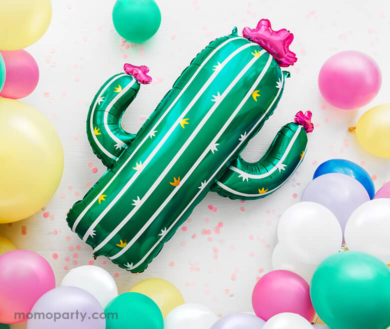 Summer party with Party Deco 32 inches Adorable-Cactus-Foil-Mylar-Balloon and colorful balloon garland and pink confetti