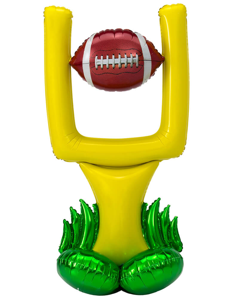 Anagram Balloons - 42563 Goal Post CI: AirLoonz™ Large P70 Patent Pending. This sporty decoration features a football soaring through a yellow goal post, all on a base of green "turf" balloons.   This AirLoonz balloon stands 51" high when fully inflated and is designed to be inflated with air only. No helium required! 