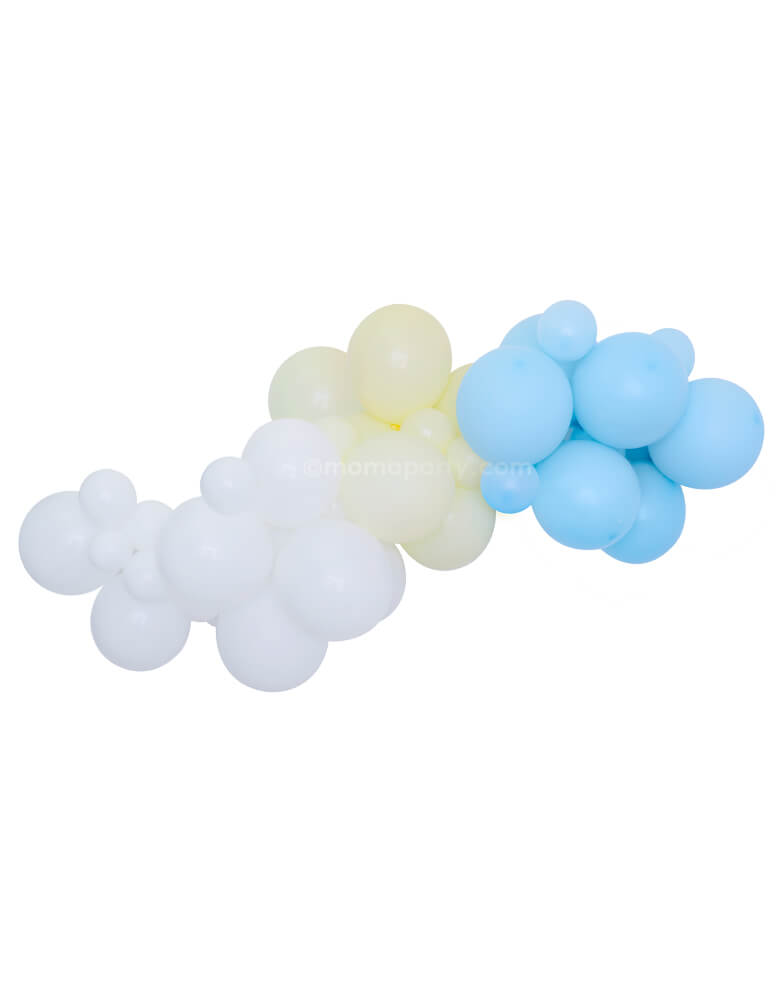 Airplane Balloon Cloud Kit By Momo Party. Assorted with 11” (large) & 5” (small) Airplane-themed latex balloons in colors of white, ivory and light blue. made in USA