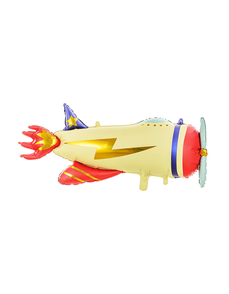 Party Deco 30" satin/matte vintage airplane shaped foil  balloon in the classic colors of navy, red, blue and cream with lightning bolt gold foil design, a perfect decoration for kid's airplane themed birthday party.