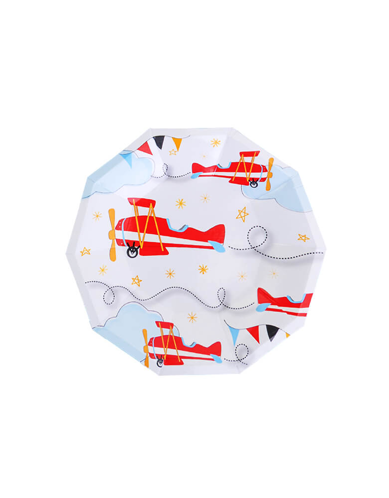 Airplane Small Plates by Pooka. Featuring light blue, red and yellow colors, these airplane plates are heaven. 