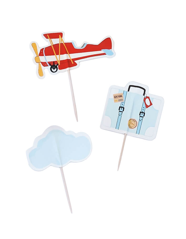 Airplane Toppers by Pooka. Featuring airplanes, vintage suitcases and cute clouds, these airplane toppers are perfect as cake and cupcake decoration for a airplane themed birthday party