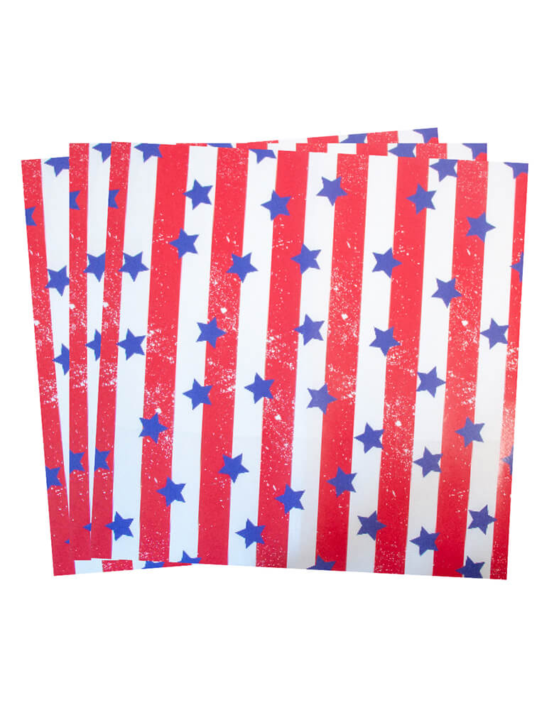 All American Grub Paper by Boston International. 12 x 12 inches. with the Stars, stripes, red white and blue design! Easily dress up your food with this set of unique food-grade paper in a patriotic design. Perfect for a summer BBQ gathering! Wrap, cover, stuff, layer, line with it. The paper with endless purpose