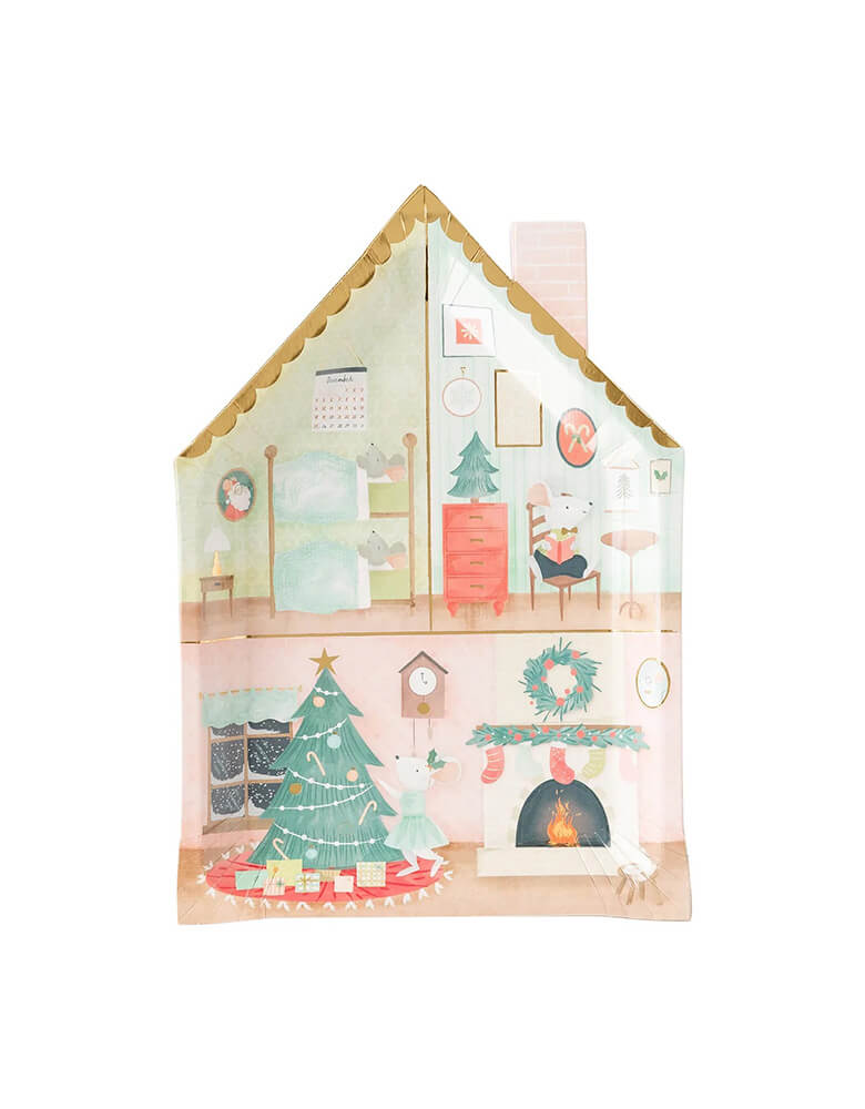 Stunning holiday house plates beautifully decorated from My Minds Eye will be the star attraction at your Christmas parties. Whimsical pastel greens, cute mice family, christmas tree decorations, cute cozy furniture, warm glowy fireplace and a shiny gold brim roof make these all through the house napkins a festive and fun table piece. Get a pack of 8 sized 8 x 10 inches at momoparty.com