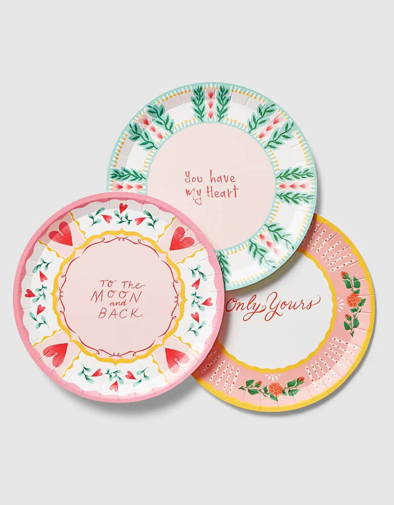 Momo Party's 9" "All You Need is Love" large plates by Coterie Party, with messages including "To the Moon and Back," "Only Yours," "You Have my Heart" on the plates, they're prefect for a a sweet Valentine's Day celebration. 