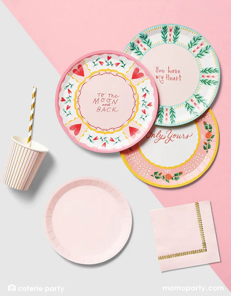 Momo Party's 9" "All You Need is Love" large plates by Coterie Party, with messages including "To the Moon and Back," "Only Yours," "You Have my Heart" on the plates, along with the pale pink collection from Coterie Party, they're prefect for a a sweet Valentine's Day celebration.