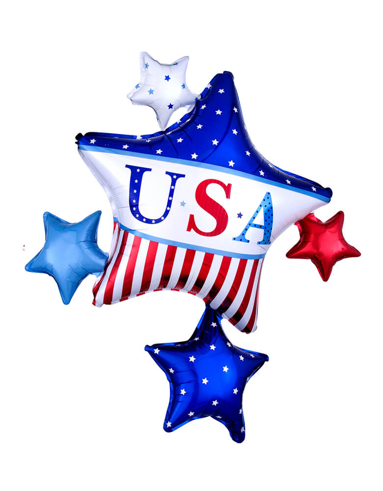 Anagram Balloons - 24991 American Classic Star Cluster SuperShape™ XL® P40. Add this amazing 32 inches American classic star cluster foil balloon with big star in the middle of american flag pattern and USA words, and small stars around it to your 4th of July party!