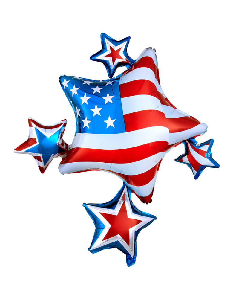 Anagram Balloons - A111320 American Spirit Cluster SuperShape™ XL® P40. American Spirit Cluster Shaped Foil Balloon. Featuring  star clusters with american flag, blue and red stripes, american flags. Add this amazing American spirit cluster foil balloon to your 4th of July party