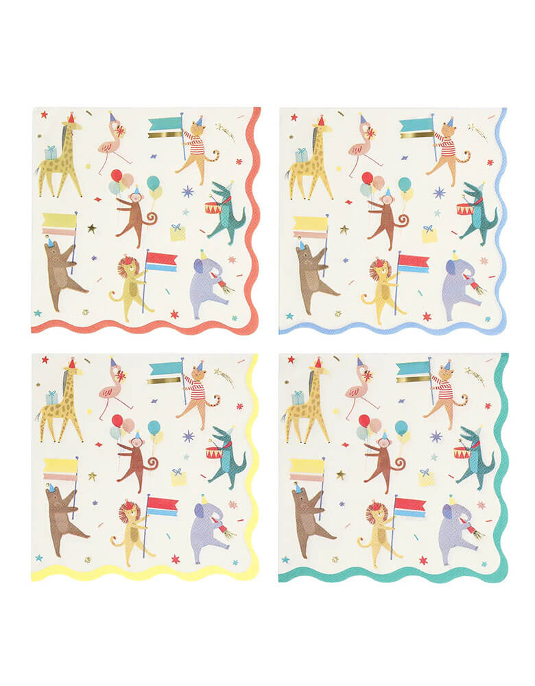 Momo Party's animal parade large napkins in 4 colors of borders by Meri Meri, featuring a group of animals marching  including a monkey, a tiger, an alligator, an elephant, a lion, a bear, a giraffe, and a flamingo wearing a party hat on them, it makes a cheerful scene for a kid's animal themed birthday party.