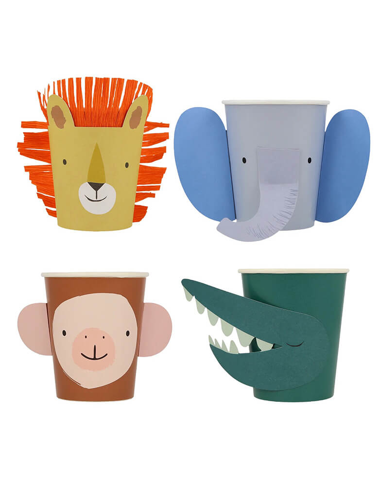 Momo Party's 9oz animal parade party cups by Meri Meri, comes in a set of 8 party cups in 4 designs of 4 designs: monkey, elephant, crocodile and lion, these adorable party cups are 3D dimensional and are perfect for kid's zoo, safari, or jungle themed birthday party, or even baby's "Wild One" first birthday party or a "Two Wild" second birthday party!