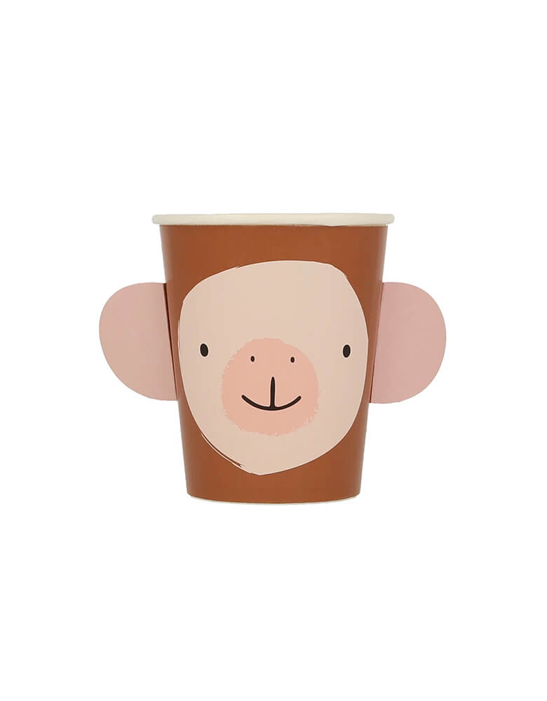 Monkey cup from Momo Party's 9oz animal parade party cups by Meri Meri, comes in a set of 8 party cups in 4 designs of 4 designs: monkey, elephant, crocodile and lion, these adorable party cups are 3D dimensional and are perfect for kid's zoo, safari, or jungle themed birthday party, or even baby's "Wild One" first birthday party or a "Two Wild" second birthday party!
