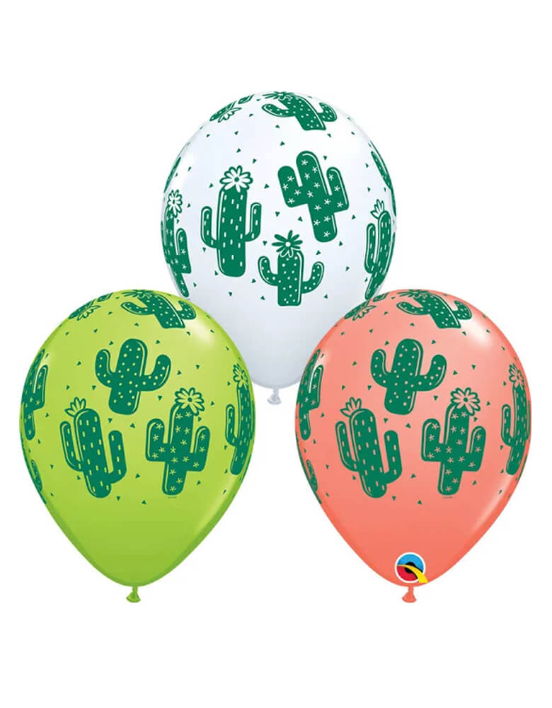 Qualatex Balloons - Assorted Cactus Latex Balloon Mix featuring white, lime, and coral colored latex balloon with cactus print on it