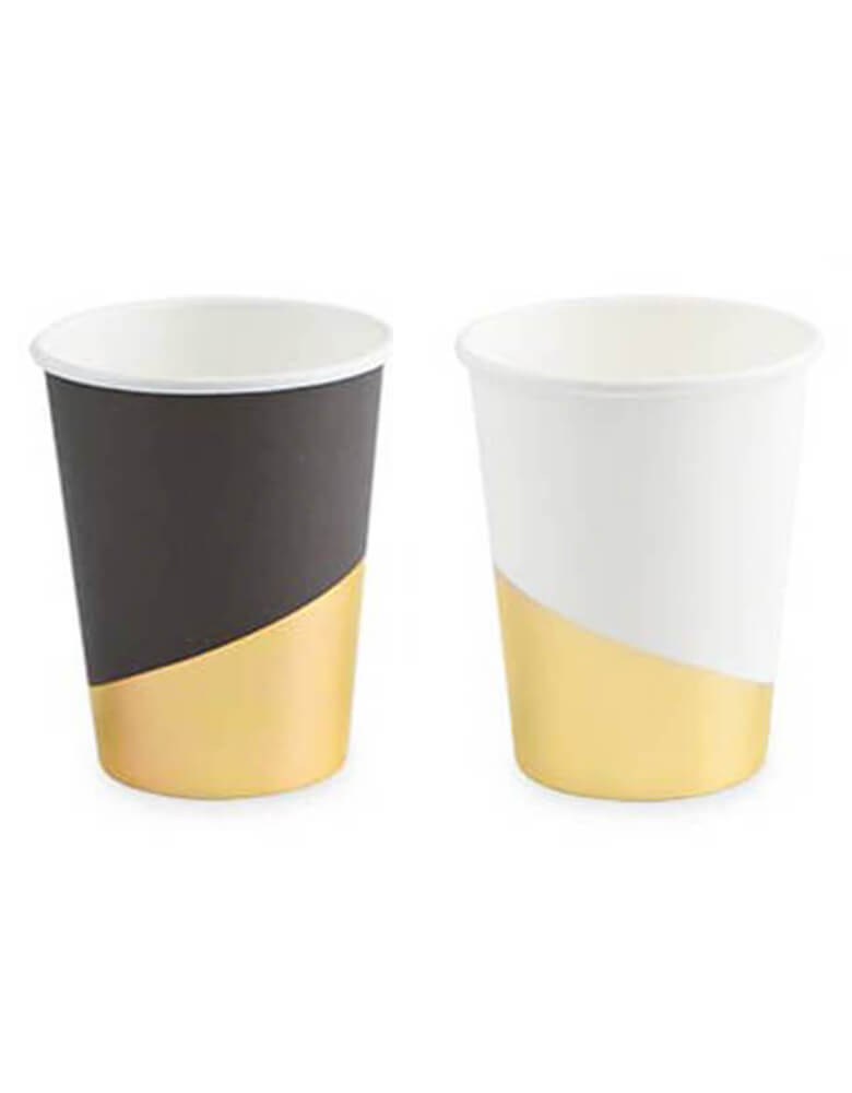 True brand Cakewalk party  - Assorted Gold Dipped Cups. Pack of 8 with 2 designs. These basic yet stylish colors Featuring Black and Gold paper cups and White and Gold paper cups are great for a graduation party or New Year Eve bash! 