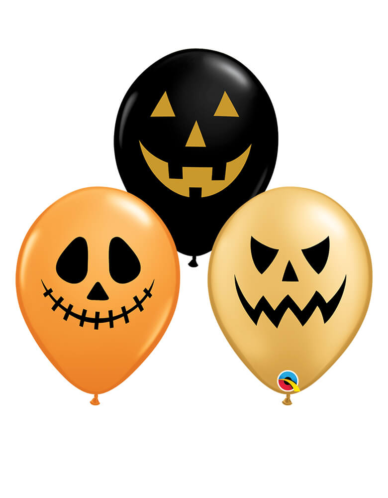 Qualatex 36 inch Halloween Assorted Jack Faces Latex Balloon Mix with 3 different faces on a black, orange and gold latex balloons. Adding this latex balloon mix along with Halloween Balloons or bring the ballon itself to with you for trick-or-treating, or decorating for your halloween party, trick-or-treat Halloween party, Witch Party, Haunted House Birthday Party