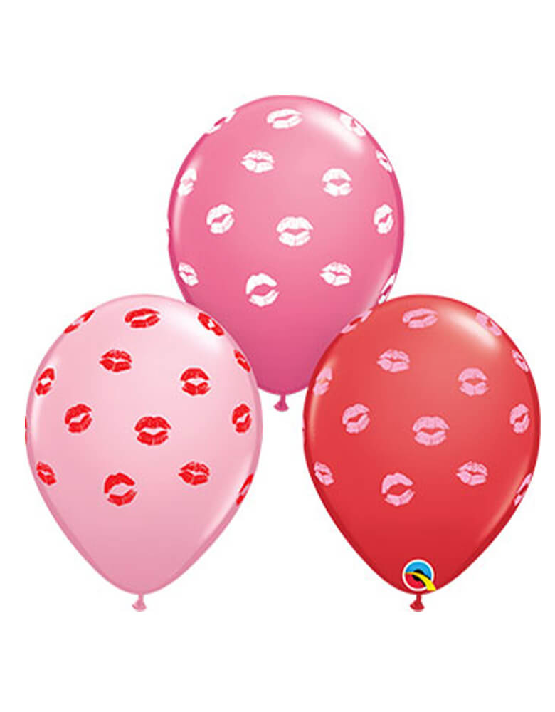 Qualatex 11" Assorted Kissey Lips Latex Balloons in red, pink and hot pink for Valentine's Day