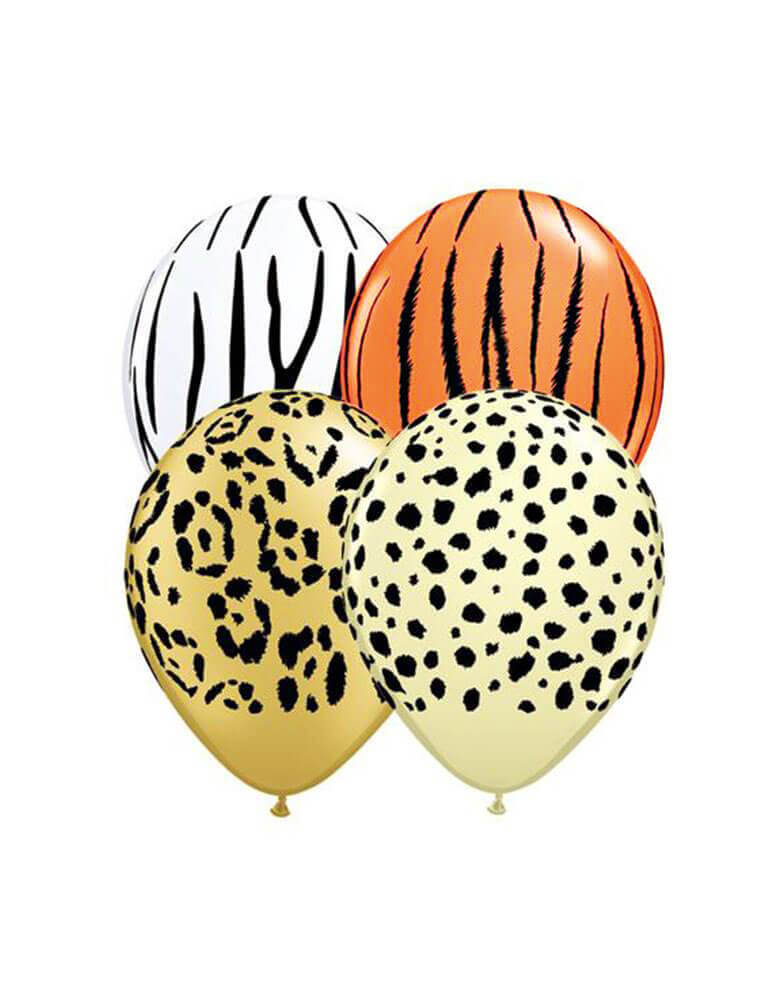 Brand: Qualatex Balloon.  Assorted 11" Latex Balloon Mix including leopard, tiger, zebra and cheetah print latex balloons. Set of 12
