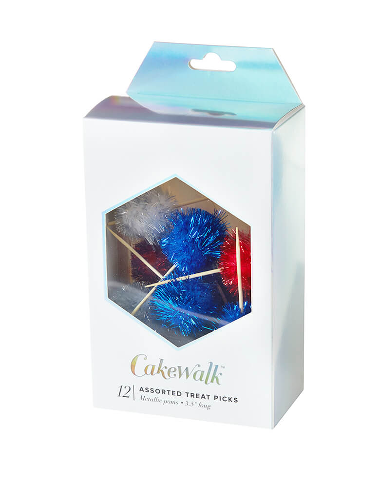 True brand Cakewalk party - Assorted Shine Bright Treat Picks in a front clear paper box. These shine bright festive treat picks in Red, White & Blue are perfect for a 4th of July party or any patriotic celebrations!