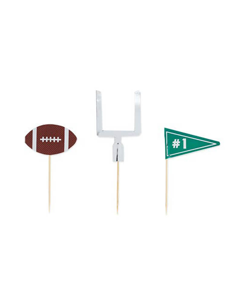 Cakewalk 3" Assorted Tailgate Treat Picks. Pack of 12 paper picks with 3 designs of American Football, #1 green flag, and Goal. there are perfect for a football viewing, Super Bowl or tailgate party!  