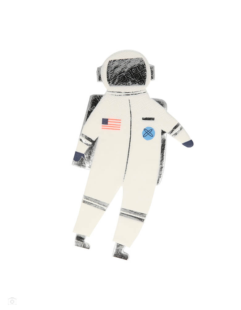Meri Meri's Astronaut die cut napkin, crafted from 3-ply paper with silver foil detail, perfect for a space themed birthday, blast off birthday, two the moon birthday party or all type of space themed event and celebration