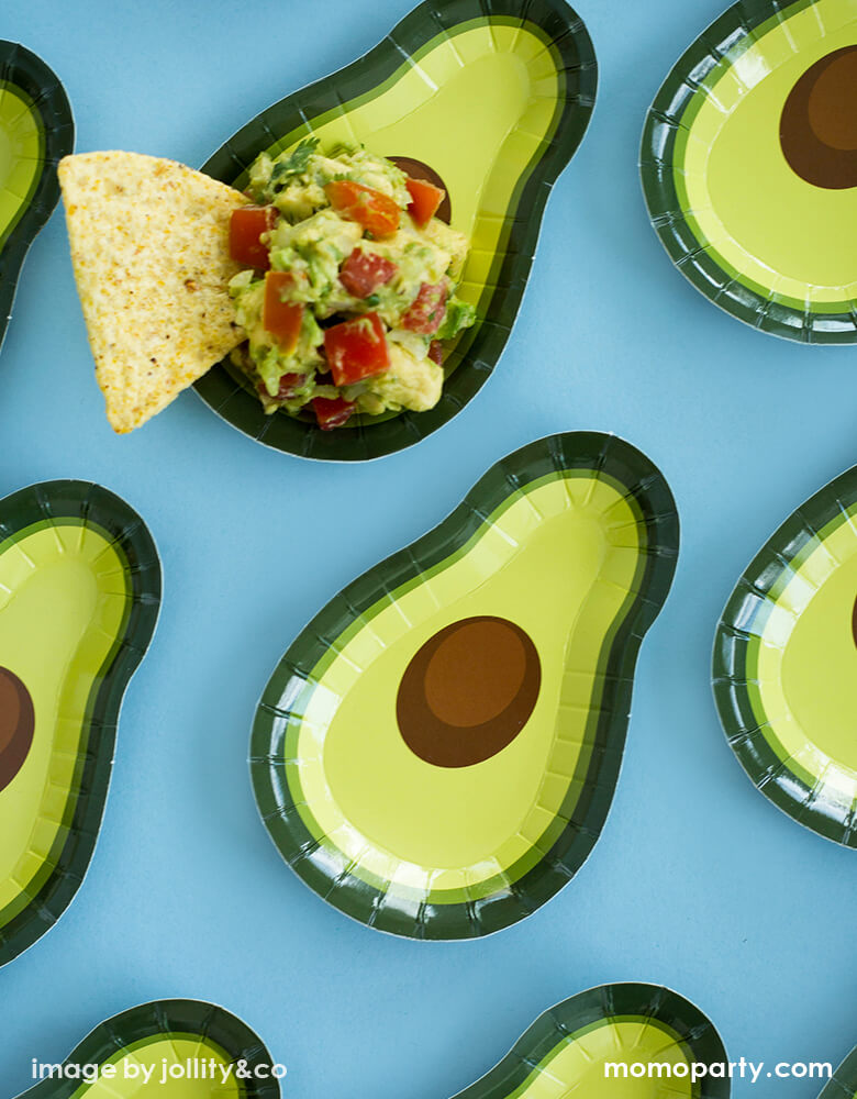 Jollity & Co - Avocado Canapé Plates with guac on it. They're perfect for a fiesta themed party or Cinco de Mayo celebration!
