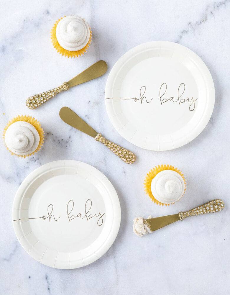 Beautiful Baby shower tablescape with My Mind Eye's Oh Baby 7" Basic White Small Plates with Gold Foil