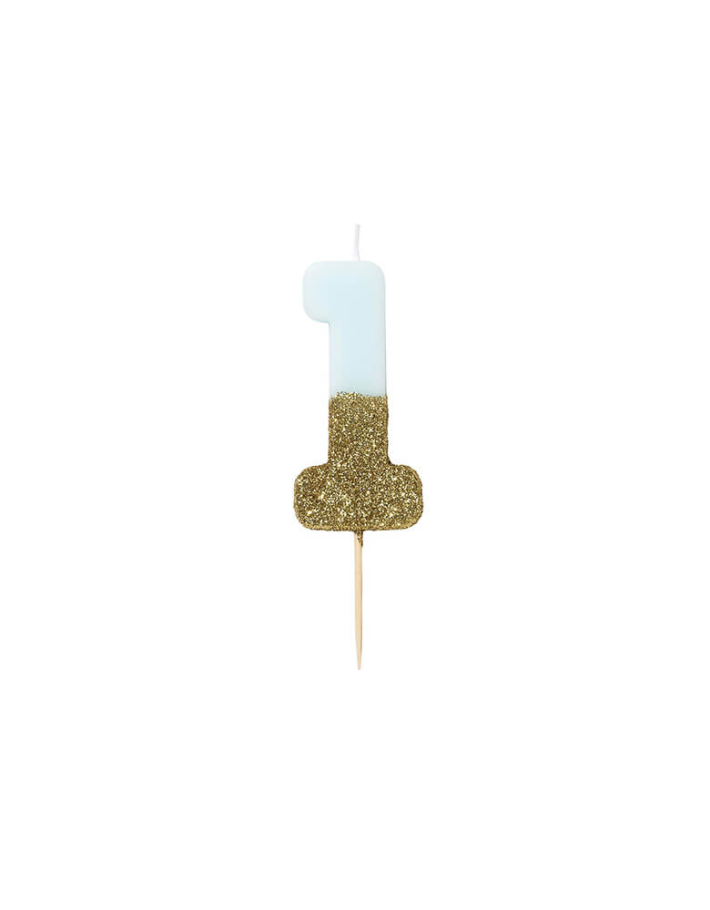 We Heart Birthday Blue Glitter Candle - Number 1 - First Birthday Candles in Blue and Gold Glitter