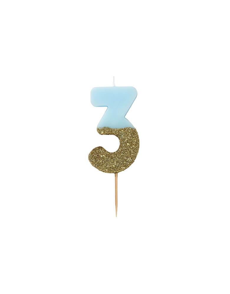 Talking Tables - We Heart Birthday Blue Glitter Candle - Number 3 Candle in Blue and Gold Glitter